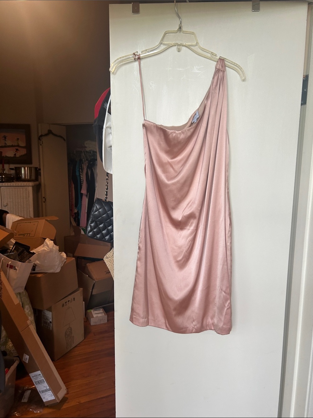 Halston Heritage One-Shoulder Satin Slip Dress in Blush
